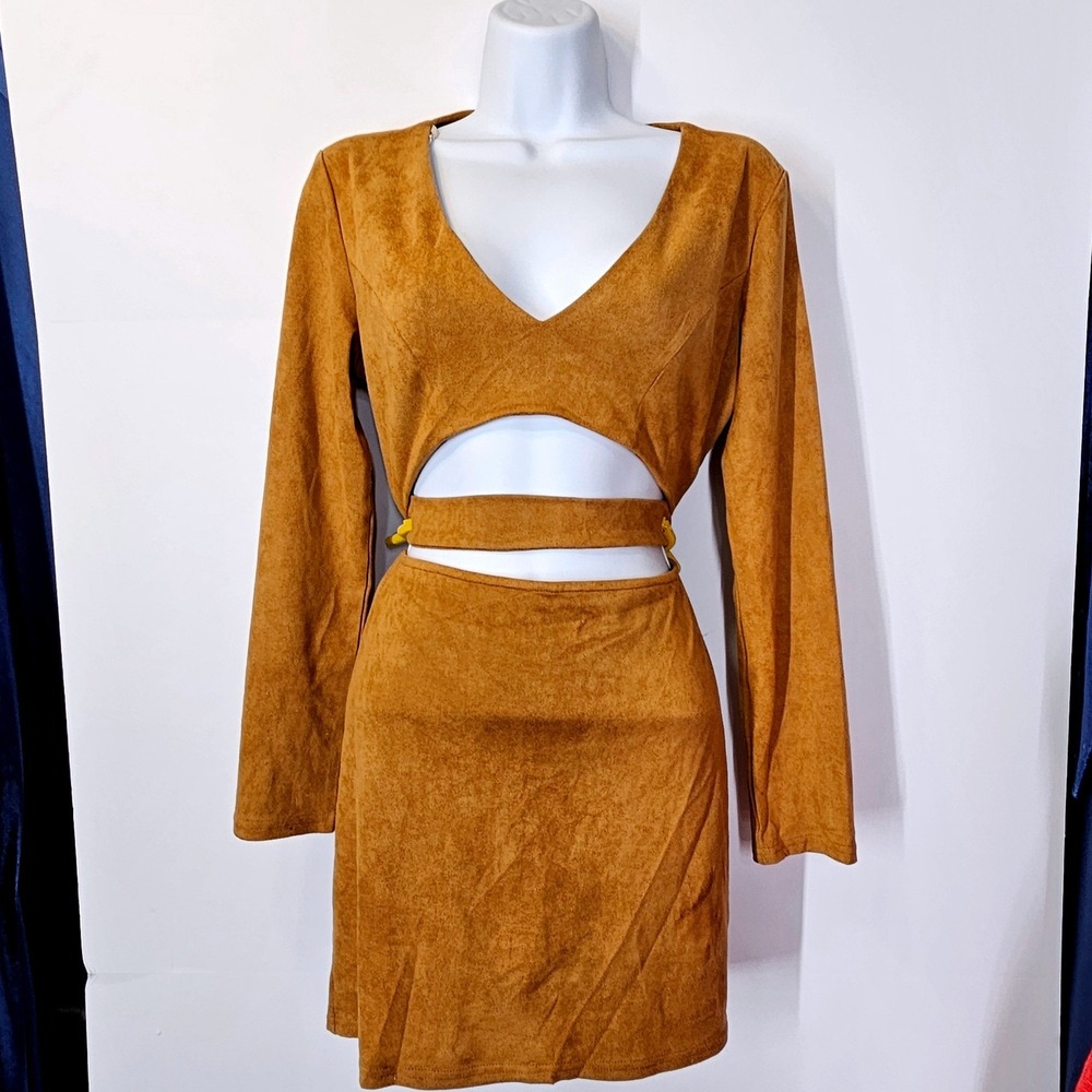 Tan Faux Suede Cut Out Long Sleeve Stretch Mini Dress Festival Boho Bodycon Lg